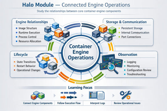 An educational infographic titled 'Halo Module - Connected Engine Operations' explaining container engine components. The diagram features a central blue 'Container Engine Operations' hub surrounded by four colored sections (blue, orange, green, and red) labeled 'Engine Relationships', 'Lifecycle', 'Storage & Communication', and 'Observation', with icons representing key concepts.