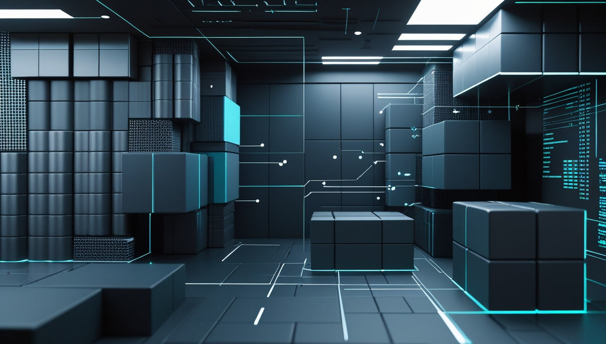 A futuristic dark gray and black digital server room or data center interior with glowing cyan lines, illuminated panels, and modular cube-like structures on the floor and walls.