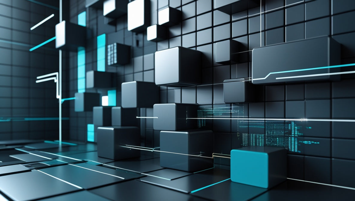 A futuristic abstract digital scene with dark gray and black geometric blocks, glowing cyan lines, and a high-tech architectural background.