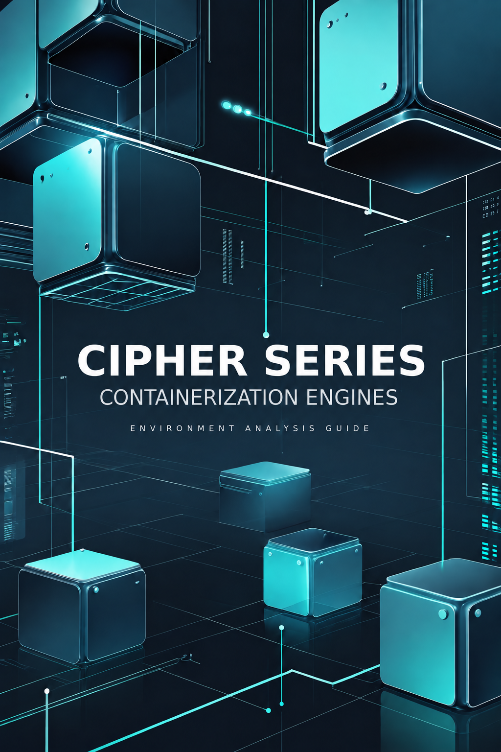A digital cover graphic for a guide titled 'CIPHER SERIES CONTAINERIZATION ENGINES' with the subtitle 'ENVIRONMENT ANALYSIS GUIDE'. The design features a futuristic dark blue and black cybernetic background with glowing cyan lines and floating cube-like server containers.