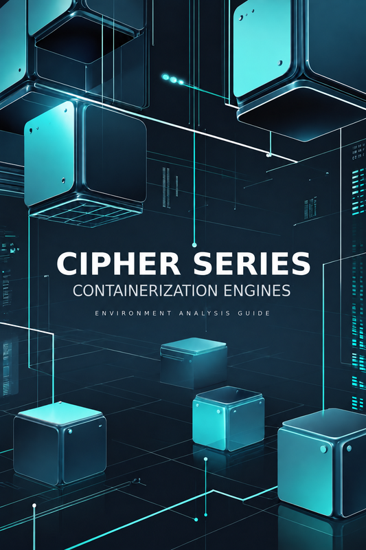 A digital cover graphic for a guide titled 'CIPHER SERIES CONTAINERIZATION ENGINES' with the subtitle 'ENVIRONMENT ANALYSIS GUIDE'. The design features a futuristic dark blue and black cybernetic background with glowing cyan lines and floating cube-like server containers.