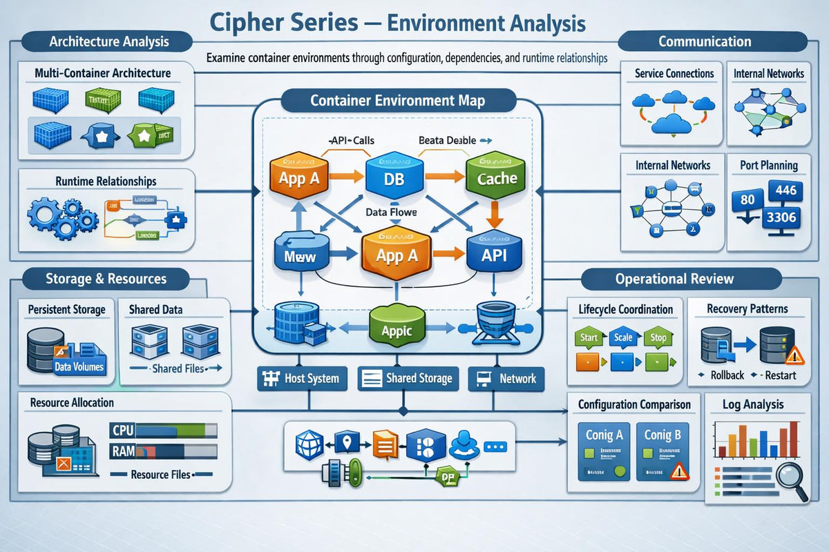 A detailed technical infographic diagram titled 'Cipher Series - Environment Analysis' showing various cloud computing, containerization, and database architecture components with labeled boxes and connecting lines.