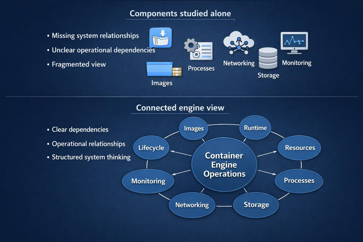 A dark blue infographic titled 'Components studied alone' and 'Connected engine view' showing labeled icons and circular diagrams around images, processes, networking, storage, lifecycle, monitoring, resources, and container engine operations.