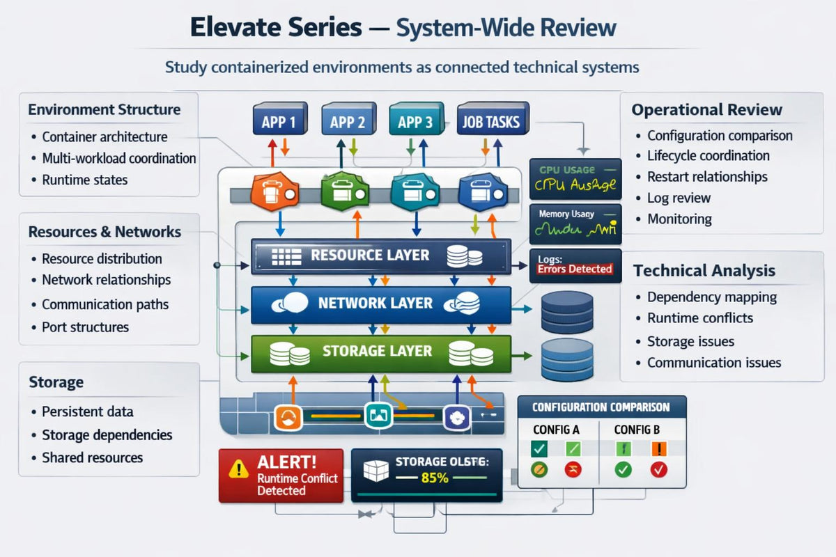 A technical flowchart titled 'Elevate Series — System-Wide Review' showing layered system architecture with app icons, resource and network layers, storage components, alerts, and review categories such as environment structure, operational review, and technical analysis.