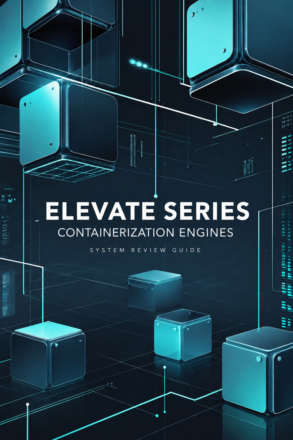 A stylized cover graphic for an 'ELEVATE SERIES CONTAINERIZATION ENGINES SYSTEM REVIEW GUIDE' featuring glowing cyan and black 3D cube-like engine illustrations on a dark futuristic background with white title text.
