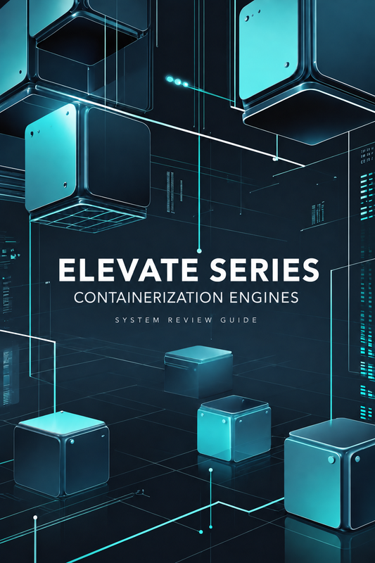 A stylized cover graphic for an 'ELEVATE SERIES CONTAINERIZATION ENGINES SYSTEM REVIEW GUIDE' featuring glowing cyan and black 3D cube-like engine illustrations on a dark futuristic background with white title text.