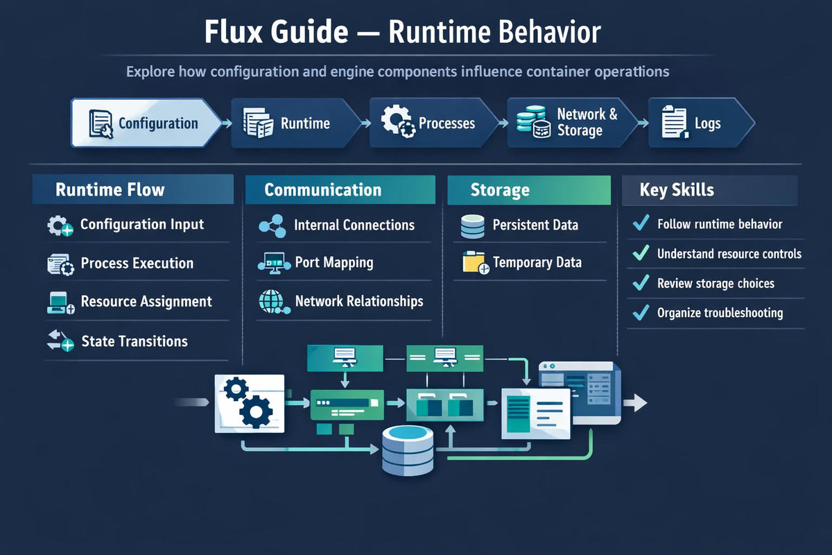 A dark navy infographic titled 'Flux Guide — Runtime Behavior' with diagrammatic sections for Configuration, Runtime, Processes, Network & Storage, Logs, Runtime Flow, Communication, Storage, and Key Skills, plus icons and arrows connecting them.