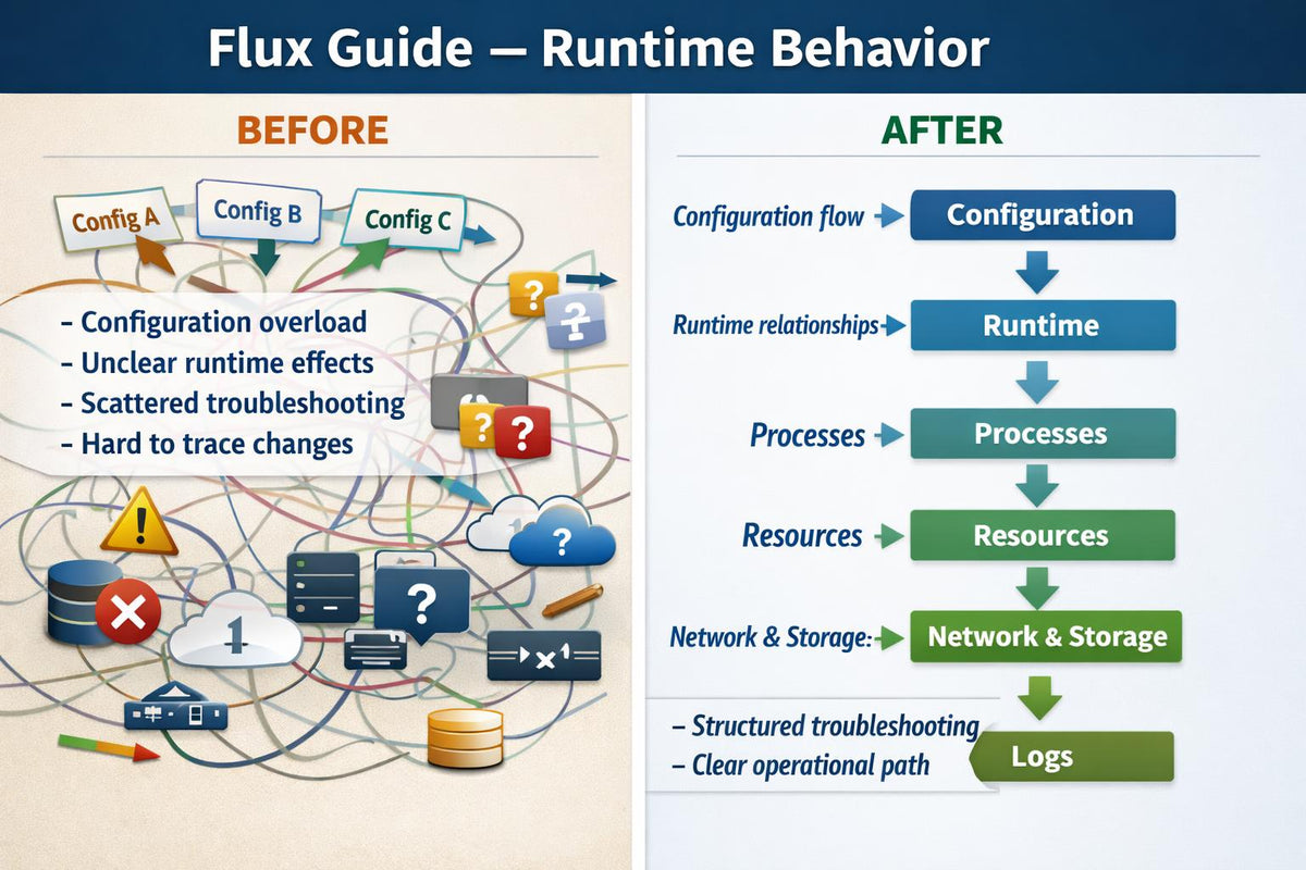 A comparison infographic titled 'Flux Guide — Runtime Behavior' with a 'Before' section on the left showing tangled diagram lines and labeled components like Config A, Config B, and Config C, and a 'After' section on the right showing a streamlined flow with arrows pointing to Configuration, Runtime, Processes, Resources, Network & Storage, and Logs.
