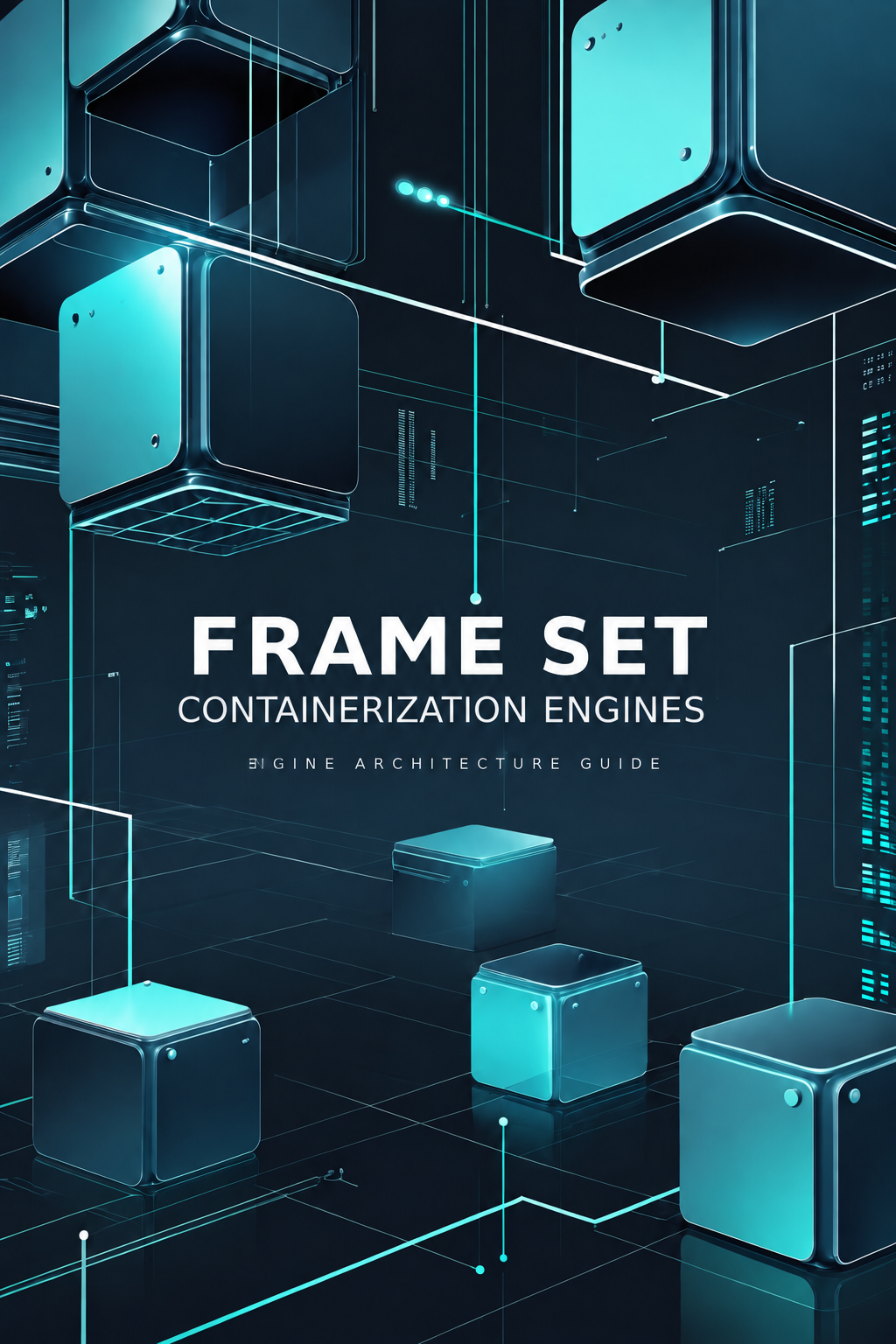 A digital cover for a guide titled 'FRAME SET CONTAINERIZATION ENGINES' with the subtitle 'DIGINE ARCHITECTURE GUIDE'. The cover features a futuristic, dark blue and black digital illustration of floating cube-like server containers with glowing cyan lines and text.