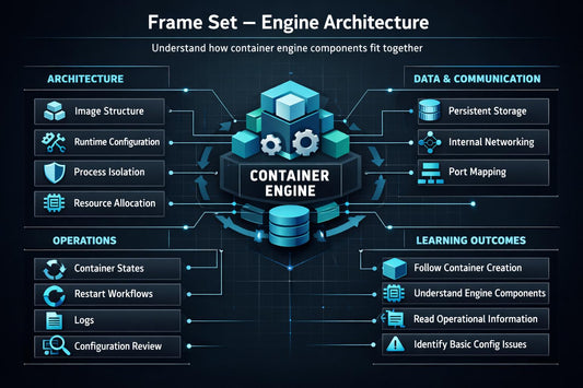 An educational infographic titled 'Frame Set - Engine Architecture' explaining container engine components. The central graphic features a 3D block diagram of a 'Container Engine' with gears and a database cylinder, surrounded by labeled boxes for 'Architecture', 'Data & Communication', 'Operations', and 'Learning Outcomes' on a dark grid background.