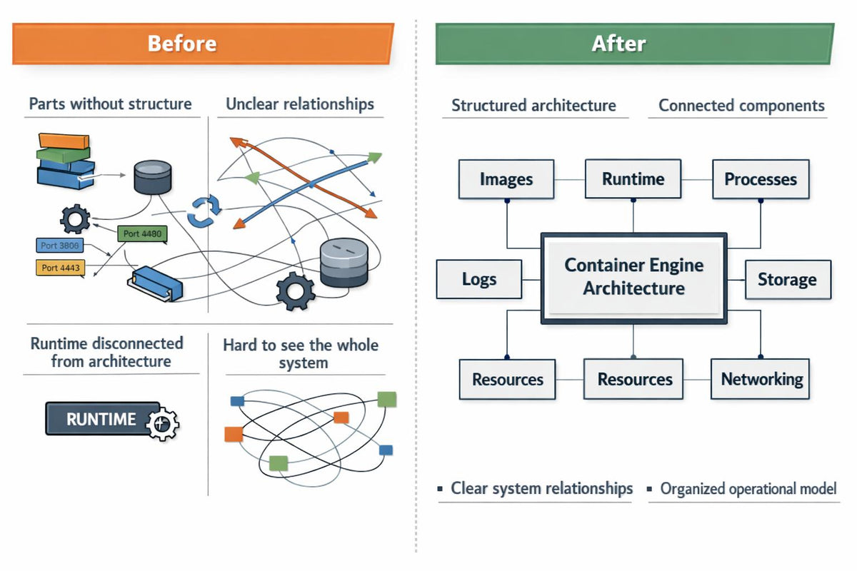 A before-and-after comparison diagram showing a container engine architecture. The left 'Before' section shows a messy, disconnected parts and runtime system with tangled lines.