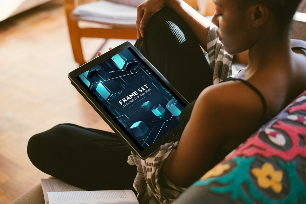 A person sitting indoors holds a tablet displaying a digital guide titled 'FLUX GUIDE' with a dark blue and teal geometric design. The scene includes a wooden chair in the background and a colorful patterned pillow in the foreground.