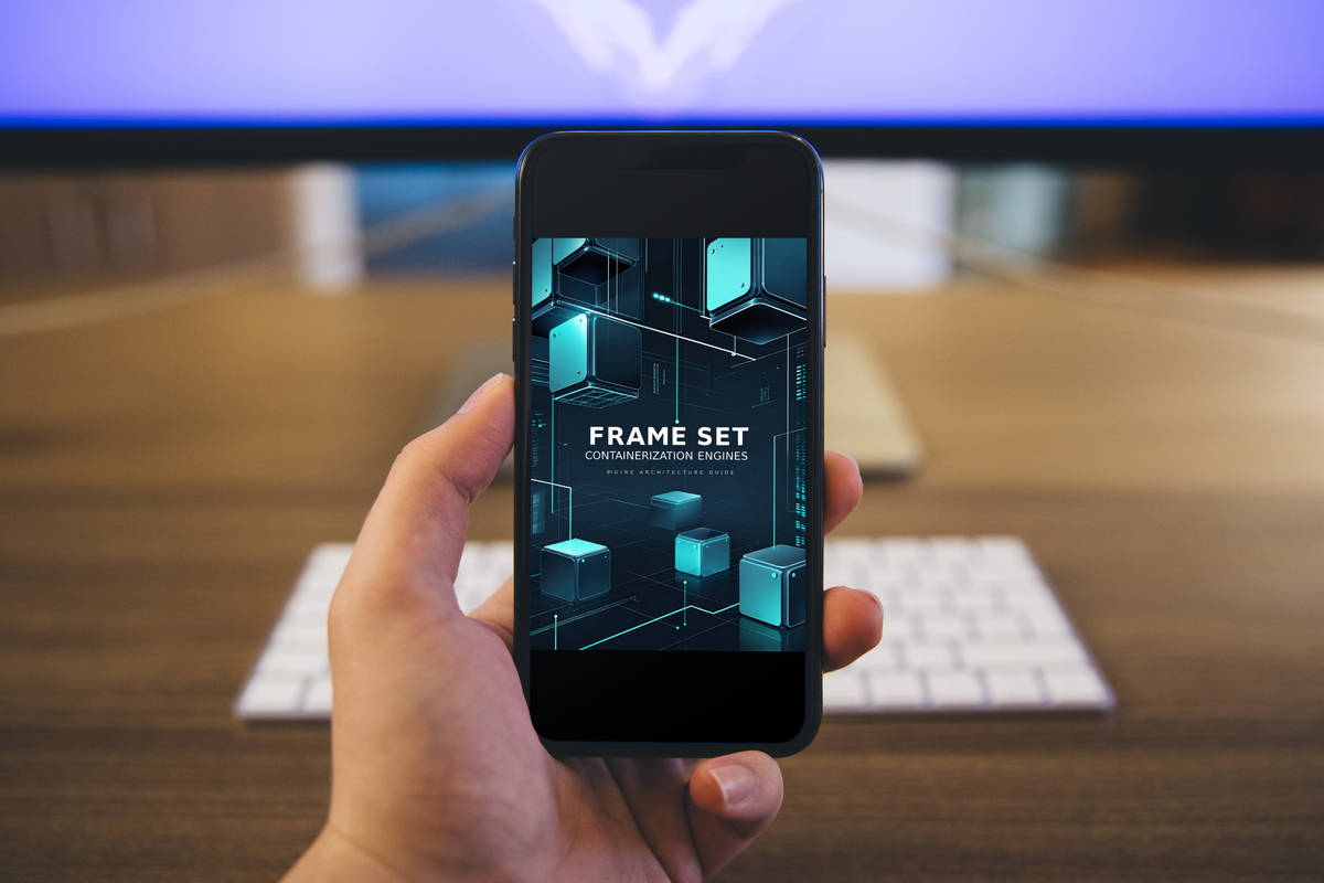 A hand holds a smartphone displaying a digital interface titled 'PULSE PASS' with teal and black 3D block graphics. The background shows a blurred office desk with a keyboard and monitor.