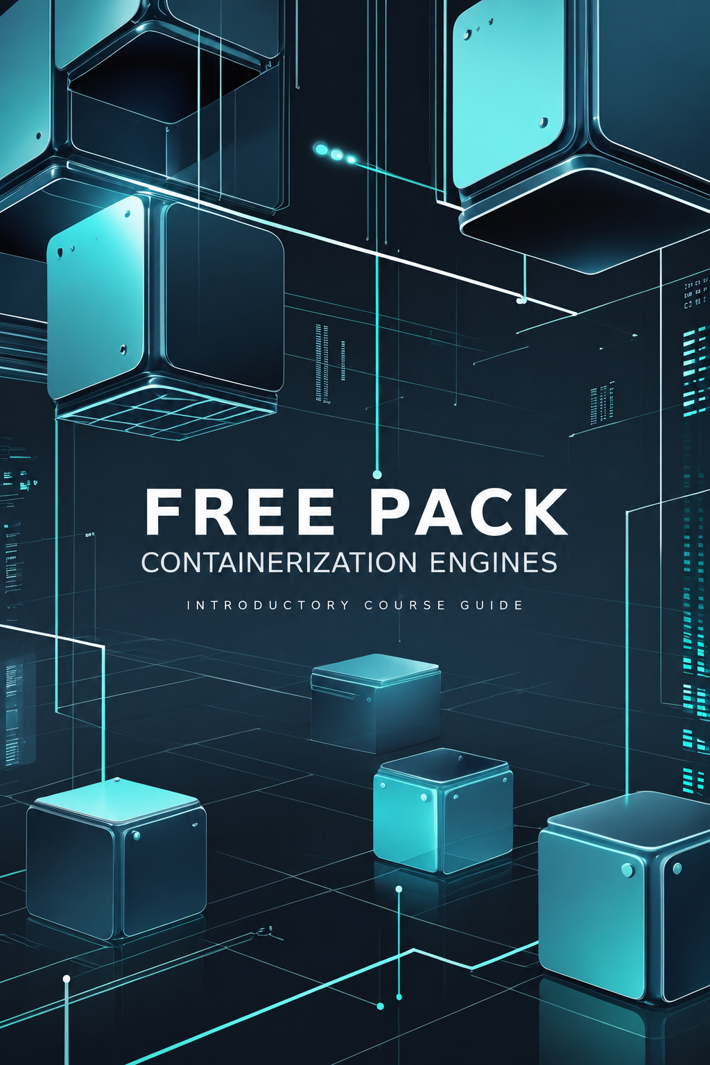 Promotional graphic for a digital course titled 'FREE PACK CONTAINERIZATION ENGINES' with the subtitle 'INTRODUCING COURSE GUIDE'. The design features a futuristic dark blue and black background with glowing cyan lines and 3D box-like digital structures.