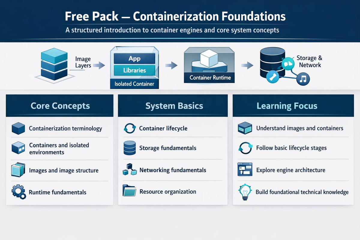 An infographic titled 'Free Pack – Containerization Foundations' with a dark blue header and three main columns: 'Core Concepts', 'System Basics', and 'Learning Focus'. It includes icons and brief descriptions related to container layers, libraries, runtime, storage, and networking fundamentals.