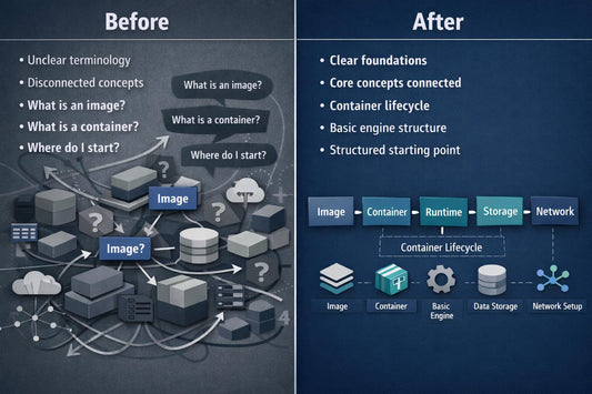 A before-and-after comparison graphic for a software or container lifecycle course or guide. The left 'Before' panel has a dark gray background with bullet points about unclear terminology and disconnected concepts, plus a messy diagram of various cloud and database boxes.