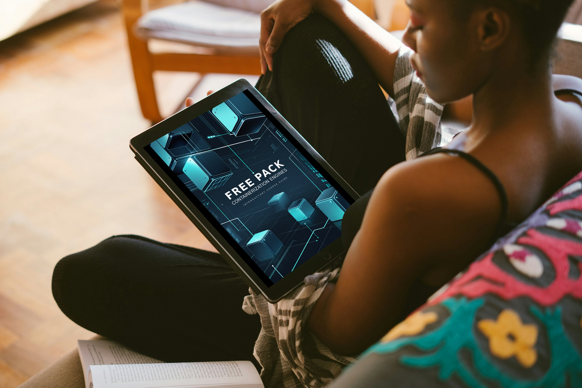 A person sitting indoors holds a tablet displaying a digital guide titled 'FLUX GUIDE' with a dark blue and teal geometric design. The scene includes a wooden chair in the background and a colorful patterned pillow in the foreground.