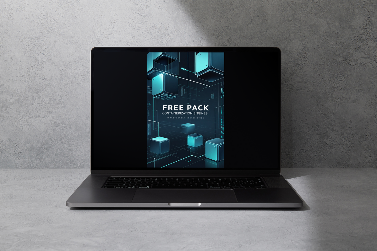 A dark gray laptop sits open on a light gray textured surface against a matching gray wall. The screen displays a digital cover design with glowing cyan geometric blocks and the text 'FREE PACK' and 'LOCATIONMOTION FILM STUDIES'.
