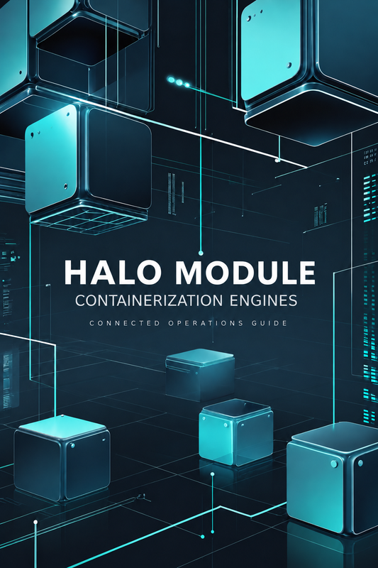 A digital cover graphic for a guide titled 'HALO MODULE CONTAINERIZATION ENGINES' and 'CONNECTED OPERATIONS GUIDE', featuring a futuristic dark blue and black interface with glowing cyan cube modules and technical line art.