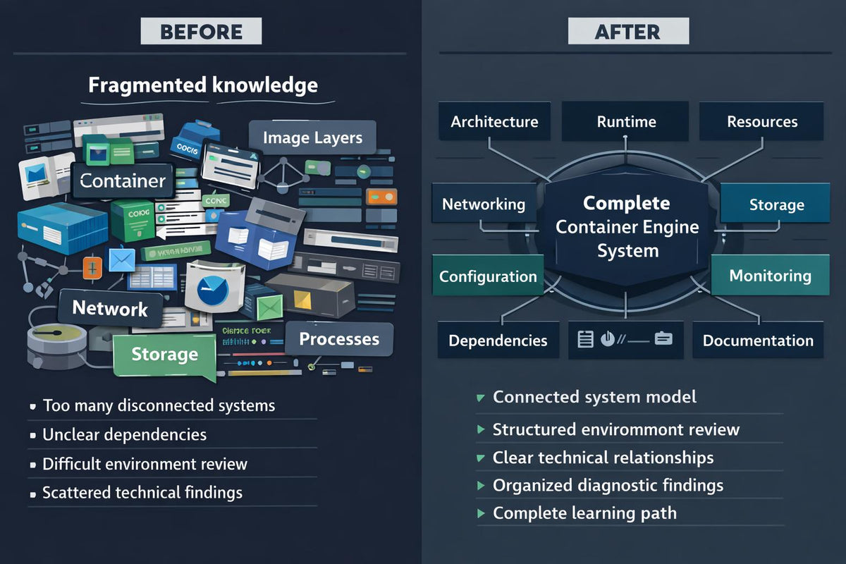 A before-and-after infographic comparing fragmented knowledge and a complete container engine system. The left 'Before' section shows a cluttered collage of tech icons like containers, networks, and storage with bullet points about disconnected systems.