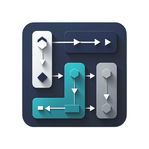 A stylized flowchart icon on a dark rounded square background, featuring connected boxes and arrows in white, teal, and gray on a light gray canvas.