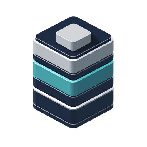 A stylized stacked block icon with layered rectangular shapes in dark navy, light gray, white, and teal on a plain white background.