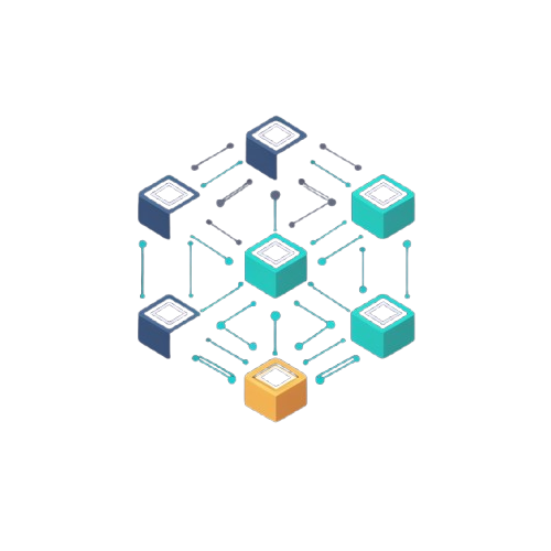 An isometric vector illustration of a network or data flow diagram, featuring multiple colored server or database boxes connected by lines on a solid white background.