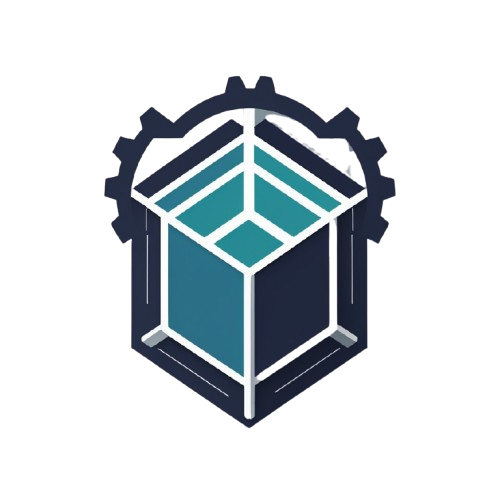 A stylized isometric icon of a teal and navy blue box with a gear outline above it, shown on a plain white background.