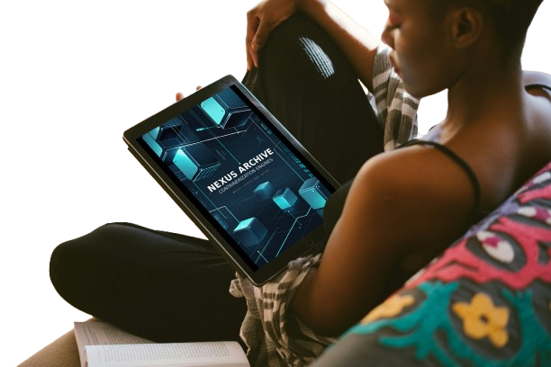 A person sitting indoors holds a tablet displaying a digital cover titled 'Nexus Archive'. The scene is brightly lit from the left, with the person wearing black pants and a patterned top, with a colorful pillow in the foreground.