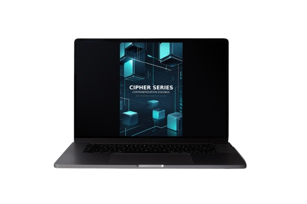 A dark gray laptop shown open against a plain white background, with its screen on and displaying a blue and black graphic that reads 'CIPHER SERIES'.