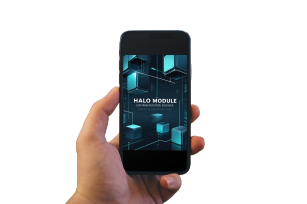 A hand holding a black smartphone against a solid white background. The screen of the phone displays a digital graphic with the text 'HALO MODULE' and futuristic teal geometric blocks.