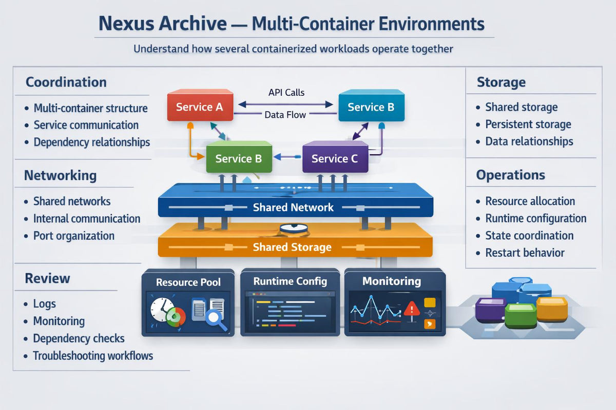An infographic titled 'Nexus Archive — Multi-Container Environments' explains how several containerized workloads operate together. It features a central diagram with Service A, Service B, and Service C communicating via API Calls and Data Flow, supported by a Shared Network and Shared Storage.