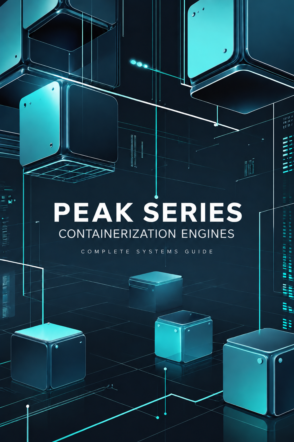 A digital cover graphic for a guide titled 'PEAK SERIES CONTAINERIZATION ENGINES' with the subtitle 'COMPLETE SYSTEMS GUIDE'. The design features a futuristic, dark cybernetic background with glowing cyan and teal 3D cube-like structures and white text.
