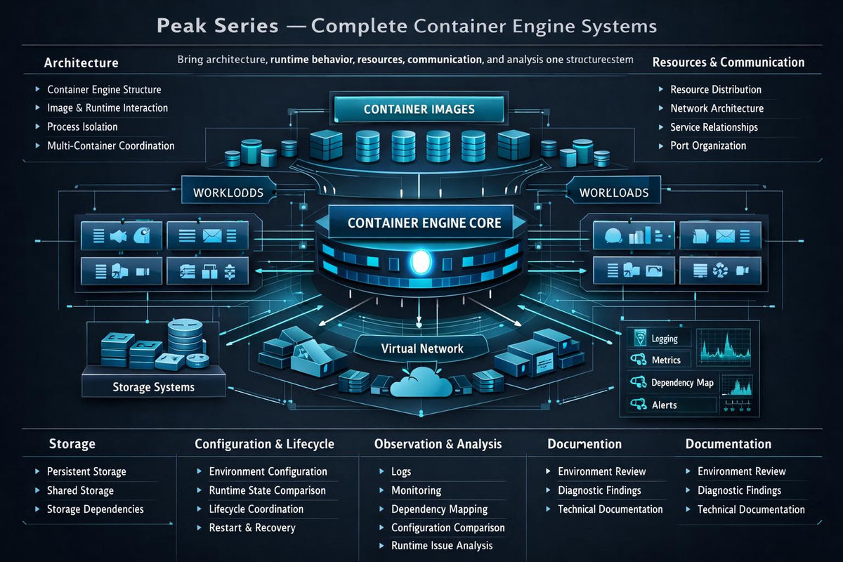 A dark navy technical infographic titled 'Peak Series — Complete Container Engine Systems' with glowing blue and cyan diagrams of a container engine architecture, including central 'Container Engine Core,' 'Container Images,' 'Workloads,' 'Storage Systems,' and multiple support categories at the bottom.