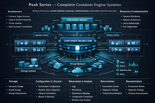 A dark navy technical infographic titled 'Peak Series — Complete Container Engine Systems' with glowing blue and cyan diagrams of a container engine architecture, including central 'Container Engine Core,' 'Container Images,' 'Workloads,' 'Storage Systems,' and multiple support categories at the bottom.