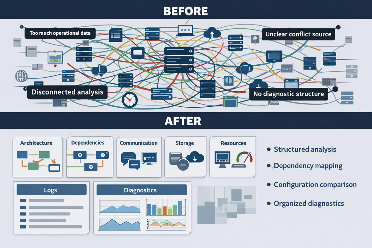 A comparison infographic titled BEFORE and AFTER, showing a tangled data-analysis workflow at the top labeled as the problem, and a clean organized layout at the bottom labeled as the solution. The infographic includes icons and text for architecture, dependencies, communication, storage, resources, logs, and diagnostics.