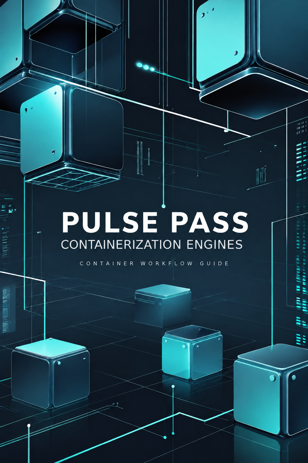 A digital cover graphic for 'PULSE PASS CONTAINERIZATION ENGINES' and 'CONTAINER WORKFLOW GUIDE', featuring a futuristic dark blue and teal cybernetic interface design with floating cube modules and glowing cyan lines.