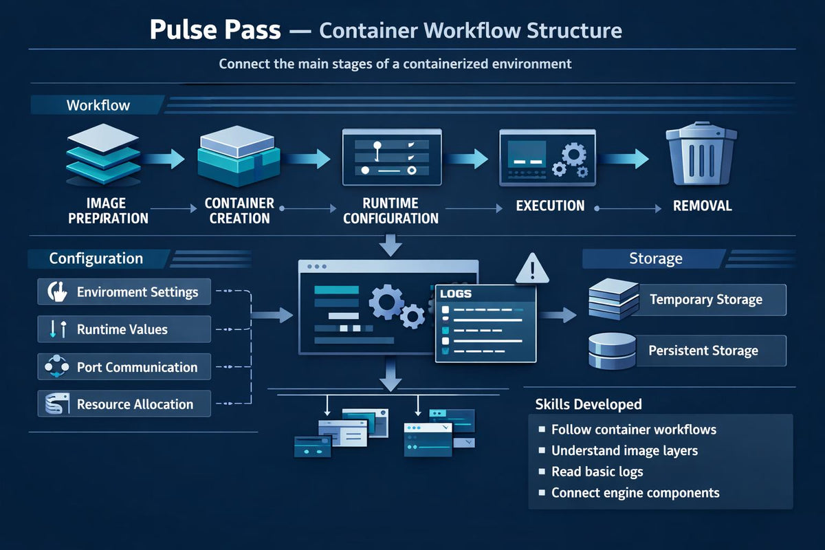 An infographic titled 'Pulse Pass — Container Workflow Structure' on a dark blue background, showing illustrated steps from image preparation to removal, with sections for configuration, storage, and a skills developed box.