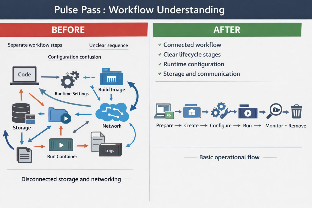A digital infographic titled 'Pulse Pass: Workflow Understanding' comparing a 'Before' state with an 'After' state of workflow management. The 'Before' section, highlighted in red, shows a disconnected, manual workflow with icons for code, storage, network, and logs.