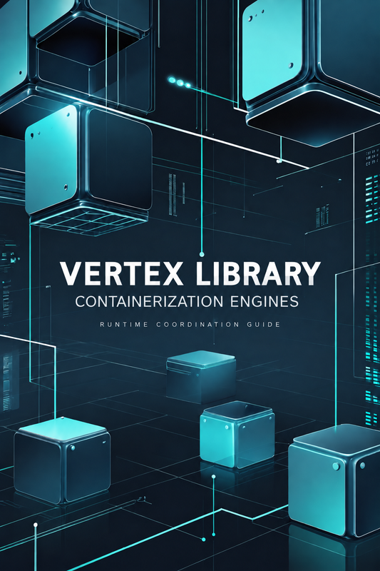 Promotional graphic for a digital course titled 'FREE PACK CONTAINERIZATION ENGINES' with the subtitle 'INTRODUCING COURSE GUIDE'. The design features a futuristic dark blue and black background with glowing cyan lines and 3D box-like digital structures.