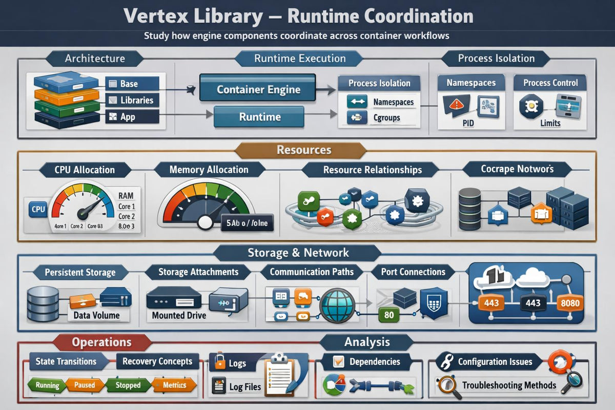 An infographic titled 'Vertex Library – Runtime Coordination' with multiple colored panels explaining architecture, runtime execution, process isolation, resources, storage & network, operations, and analysis using icons and labels.