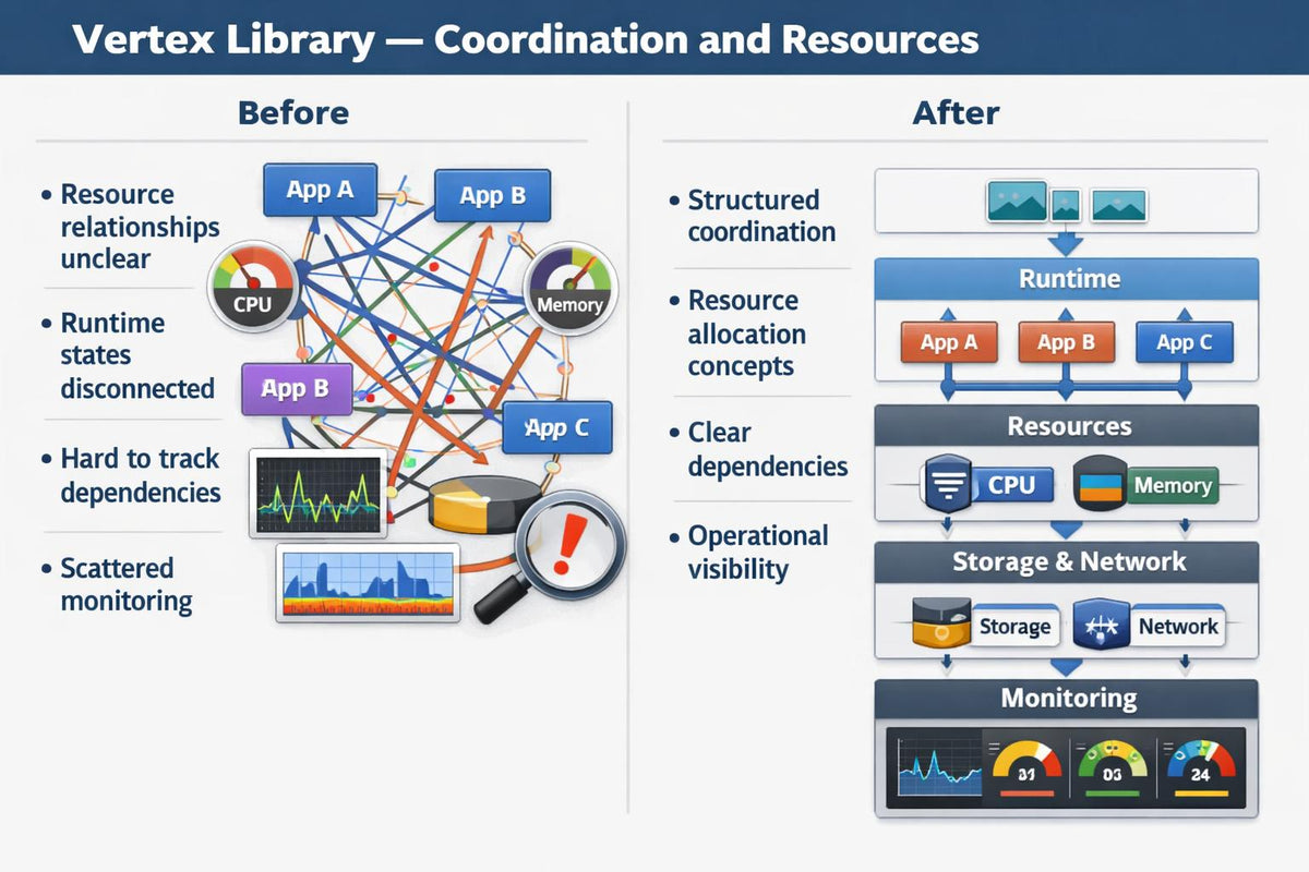 A comparison infographic titled 'Vertex Library — Coordination and Resources' showing a 'Before' state with tangled app dependency diagrams and an 'After' state with structured coordination, clear dependencies, and visible resource monitoring.